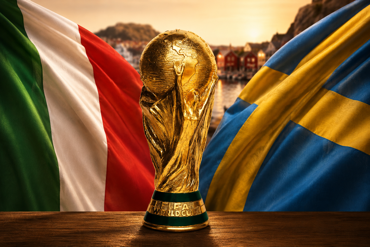 VM-pokalen mellan italienska och svenska flaggor